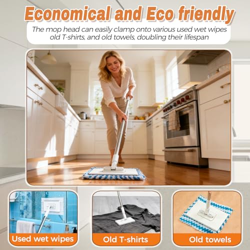 Snap Grip Mini Mop, Zero Touch No Wash Lazy Mop with One-Click Cloth Change, Compatible with Face Towels, Adjustable for Wet/Dry Floors, Tile, Hardwood, Corners (10 Reusable Cloths)