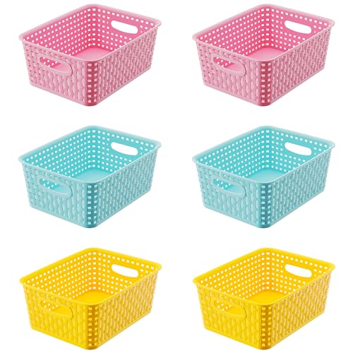 Colorful Small Plastic Storage Woven Baskets, 6 Pack Versatile Shelf Organizer Weave Baskets for Classrooms, Children's Rooms & Pantries, Pink/Yellow/Blue-10x7.5x4 inch - color: Pink, Yellow, Blue