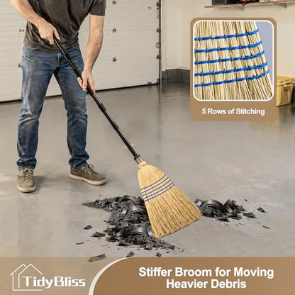 TidyBliss Corn Broom Heavy Duty, 59 inches Tall Household Indoor Outdoor Natural Straw Brush for Sweeping Garden, Garage, Yard, Porch, Patio, Sidewalk, Concrete, Stone Floors
