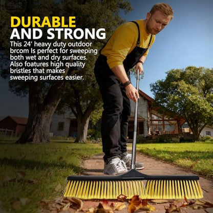 24" Push Broom,Masthome Industrial Broom with Stiff Bristles,Outdoor Broom Heavy Duty and 55" Long Handle,Heavy Duty Broom Brush for Garage Yard Patio Warehouse Concrete Floor Cleaning - color: Push Broom-yellow