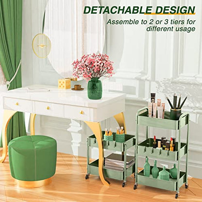 LEHOM 3 Tier Rolling Cart, Metal Rolling Utility Cart with Lockable Wheels & Hooks, Multi-Functional Heavy Duty Storage Cart Organizer for Bathroom, Kitchen, Office, Living Room - color: Green