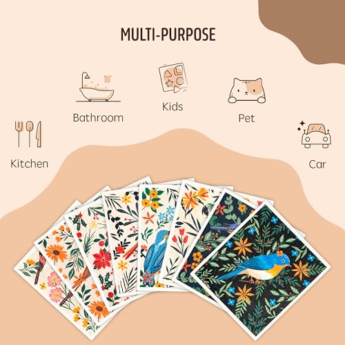 Swedish Dishcloths for Kitchen, 8 Pack Reusable Paper Towels Washable, Super Absorbent Kitchen Towels, No Odor, Biodegradable, Quick Drying, Dishwasher Safe - color: 8 Count- Flowers and Birds