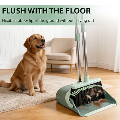 YZO Broom and Dustpan Set, 54.33 Inch Long Handle Standing Design, Dustpan Front Rubber Tight Seal, Broom with 5 Layer Bristles, Suitable for Living Room, Bedroom, Yard, Office and Apartment(Green) - color: Green