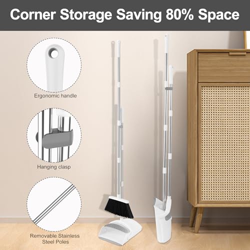 Broom and Dustpan Set for Home, 52-in Long Handle Broom with Dustpan Combo with Dustpan Teeth Easy to Scrape Off Pet Hair, Indoor&Outdoor Sweeping (White) - color: White