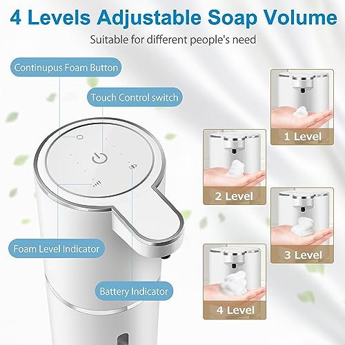 Automatic Foaming Soap Dispenser, 4-Level Adjustable Foam, Wall Mount, USB Rechargeable, 12.8oz/380ml, Touchless Hand & Dish Soap Dispenser for Bathroom, Kitchen, Hotel, Restaurant - color: White, style: Foam