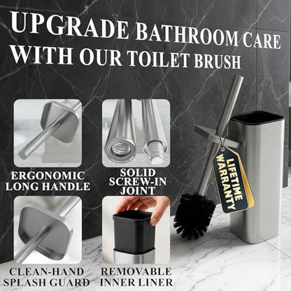 Toilet Brush with Square Holder - Toilet Brush and Holder Set Silver, Stainless Steel Handle with Splash Shield, Replaceable Head and Removable Inner Cup - Freestanding Bathroom Toilet Cleaning Set - color: Silver Rounded Square