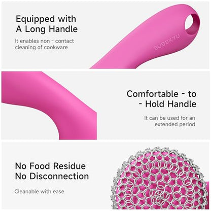 SUBEKYU Cast Iron Scrubber with Silicone Handle, Stainless Steel Skillet Cleaner for Cast Iron Pans (Pink) - color: Pink