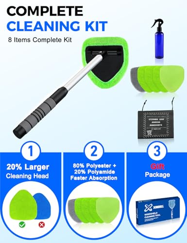 XINDELL Windshield Cleaner Tool – Car Interior Window Cleaning Kit with Extendable Handle & 4 Microfiber Pads, Auto Wiper Inside Windshield Brush for Car & Home Windows - size: 19in
