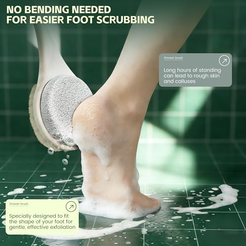 Back Scrubber for Shower, Long Handle Exfoliating Brush, Dual-Sided Bath Brush with Soft Bristles & Volcanic Pumice Stone, Anti-Slip Grip for Men & Women (Light Yellow) - color: Yellow
