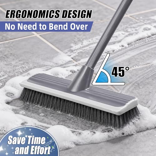 2 in 1 Floor Scrub Brush: Deck Brush with Squeegee - Long Adjustable Handle - 55'' Stiff Bristle Scrape Brush for Deck Patio Garage Shower Bathroom