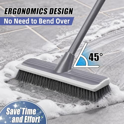 2 in 1 Floor Scrub Brush: Deck Brush with Squeegee - Long Adjustable Handle - 55'' Stiff Bristle Scrape Brush for Deck Patio Garage Shower Bathroom