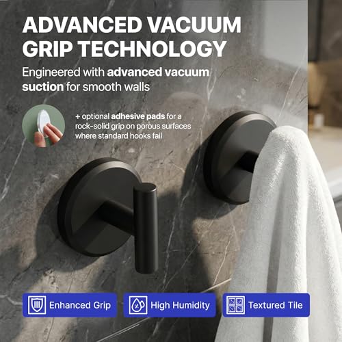 HOME SO Suction Cup Hooks for Shower & Bathroom Towel Holder 2-Pack – Suction Cups Hooks for Hanging Towels, Robes, & Coats - Tiles, Glass Door or Mirror – Shower Hooks & Towel Hooks - Black T-Shape - style: Matte Black