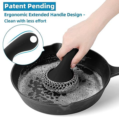 SUBEKYU Cast Iron Scrubber with Silicone Handle, Stainless Steel Chainmail Scrubber for Cast Iron Pans, Black - color: Black