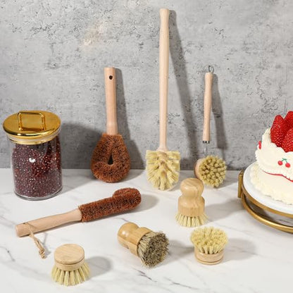 9pcs Bamboo Dish Brush Set Wooden Dish Brush with 14’’ Bottle Brush Natural Kitchen Scrub Brush Dish Scrubber for Kitchen Cleaning Dishes Pans Bottles Sink Vegetables Household