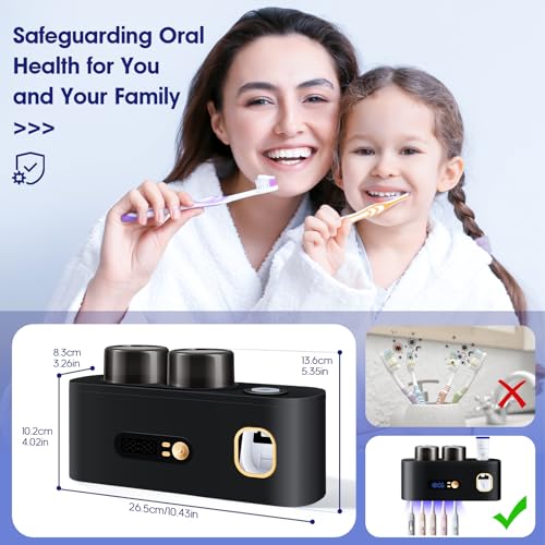 Toothbrush Cleanerst Holders,Smart Drying and Cleaning Wall Mounted Holder with Automatic Toothpaste Dispenser, 5 Brush Slots 2 Cups for Bathroom (Black) - color: Black