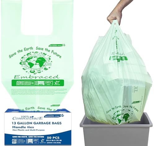 BEIDOU-PAC 13 Gallon Compostable Tall Kitchen Trash Bags with Handle, 50 Count, Sturdy Garbage Bags for Food Scrap Waste, ASTM D6400, US BPI Certified - style: Handle | 13 Gallon | 50 Count