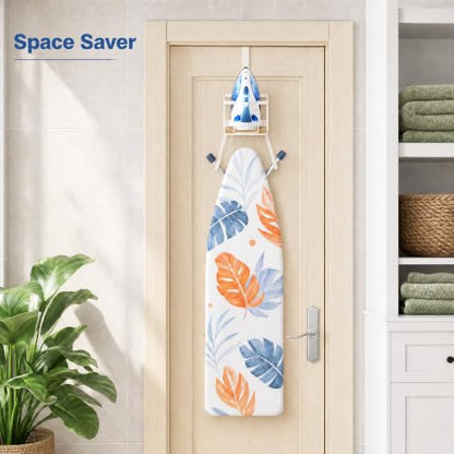 ORLESS Ironing Board Hanger Over Door & Wall Mount, White | 2 in 1 Heavy Duty Iron Board Holder with Storage Basket, Fits T/Y Boards, Laundry Room Space Saver - color: White Iron Natural Wood