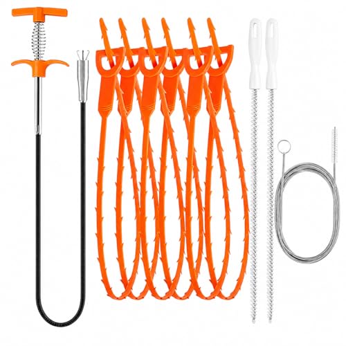 10-in-1 Drain Clog Remover Kit, 6 Pack Drain Snake Hair Remover with Flexible Grabber Claw, Pipe Cleaning Brushes & Refrigerator Hole Cleaner for Shower, Tub, Bathroom, Kitchen Sink