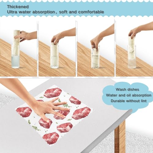Kitchen Dish Cloths Beef Meat Steak Pattern 6 Pack Dish Towels for Drying Dishes Ultra Soft Absorbent Cleaning Towels Dish Rags, 11 X 11 Inches