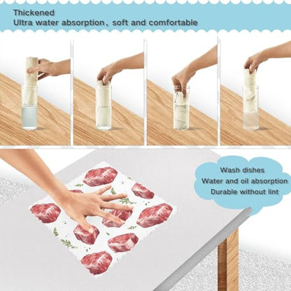 Kitchen Dish Cloths Beef Meat Steak Pattern 6 Pack Dish Towels for Drying Dishes Ultra Soft Absorbent Cleaning Towels Dish Rags, 11 X 11 Inches