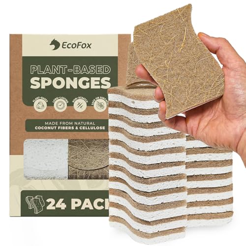 Plant-Based Kitchen Sponges (24 Pack) | USDA Biobased Certified | FSC & PETA Approved | Natural Cellulose & Coconut Scrubber Sponge | S-Shaped Design | Eco-Friendly, Non-Scratch, Non-Toxic & Vegan - size: 24 Pack