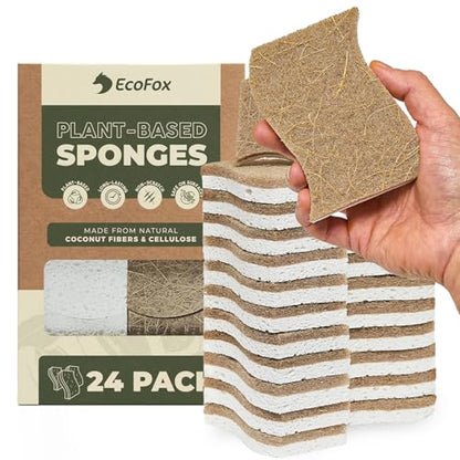 Plant-Based Kitchen Sponges (24 Pack) | USDA Biobased Certified | FSC & PETA Approved | Natural Cellulose & Coconut Scrubber Sponge | S-Shaped Design | Eco-Friendly, Non-Scratch, Non-Toxic & Vegan - size: 24 Pack