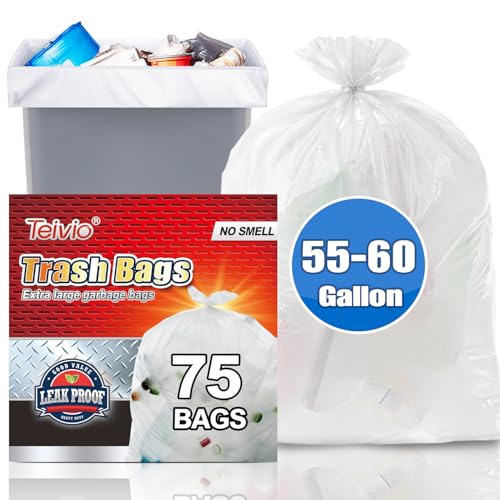 Teivio Large Clear Trash Bags 55-60 Gallon 75 Counts Fit 50,55,60,Gal All Purpose Garbage Bags, Extra Large Lawn and Leaf Bags Outdoor Trash Can Liner, Drum Liners, Workshops, Backyard