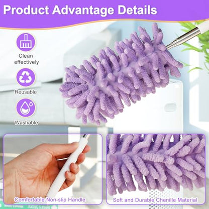 2Pcs Mini Duster for Cleaning, Microfiber Duster with Extendable Pole, Washable Small Duster, Cleaning Tools for Office, Car Interior, Window, Furniture, Computer (Purple)
