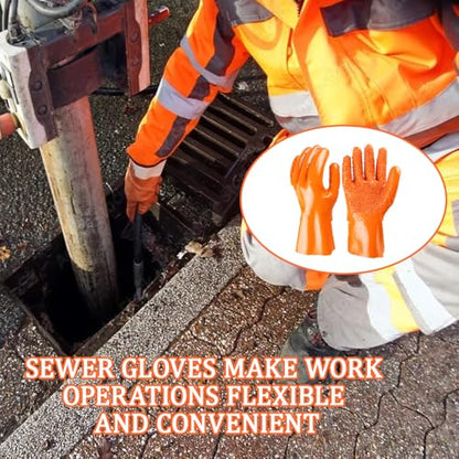 3 Pairs Sewer Gloves PVC Coated Non-Slip Oil & Chemical Resistant | 3 PAIRS INCLUDED: PVC coated sewer gloves for drain cleaning, plumbing maintenance, and everyday heavy-duty work - color: 3 Pairs Orange