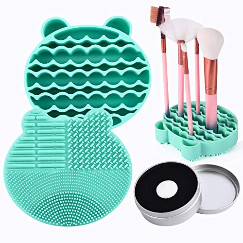 Silicon Makeup Brush Cleaner Mat with Brush Drying manual Make up cleaner cleanser machine Cosmetic Cleaning Pad+Makeup Dry Cleaned Quick Color Removal Sponge Scrubber Tool(Green) - color: Green