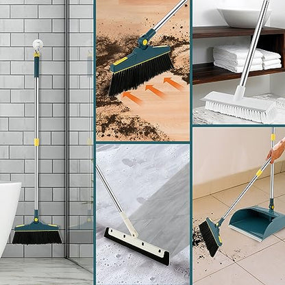 4Pcs Broom and Dustpan Set with Floor Squeegee Rectangular Brush Retractable Upright Broom Dustpan Squeegee Rectangular Brush Combo Set with Long Stainless Steel Handle for Living Room Kitchen Office