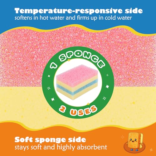 UNIMADE Scrub Sponge, Temperature Responsive Dual-Sided Cleaning Sponges, Non-Scratch Dish Sponge for Kitchen, Soft in Warm Water & Firm in Cold, 12 Pack - size: 12 Pack