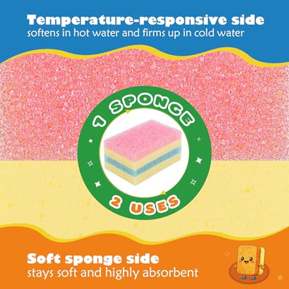 UNIMADE Scrub Sponge, Temperature Responsive Dual-Sided Cleaning Sponges, Non-Scratch Dish Sponge for Kitchen, Soft in Warm Water & Firm in Cold, 12 Pack - size: 12 Pack
