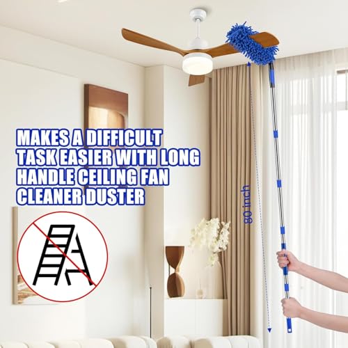CALBEAU Ceiling Fan Cleaner Duster with 80" Extension Pole, Flexible and Washable Chenille Fan Duster for High Ceiling Fan Blades Light Fixtures Furnitures