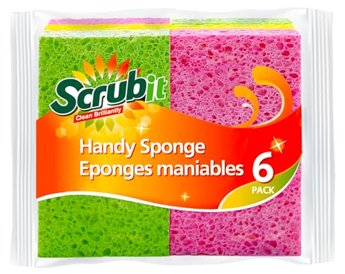 SCRUBIT Cellulose Scrub Sponge - Kitchen Cleaning Sponges for Dishes, Pans, Pots & More- 6 Pack Dishwashing Sponges - Colors and Packaging May Vary - size: 6 Count (Pack of 1)