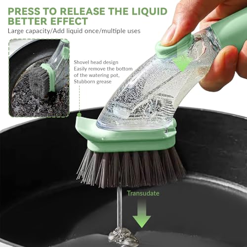 2-in-1 Soap Dispensing Dish Brush with Handle - Kitchen Scrub Brush for Easy Cleaning of Dishes, Pots, Pans, and Sinks (Green) - Efficient and Ergonomic Design Green - color: Green