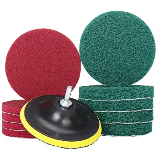 5 Inch Drill Brush Power Scouring Pads - Heavy Duty Tub and Tile Cleaner - Household Cleaning Kit Includes Drill Attachment, 5 Red, 5 Stiff Green Scrubber Pads - size: 5 Inch Set