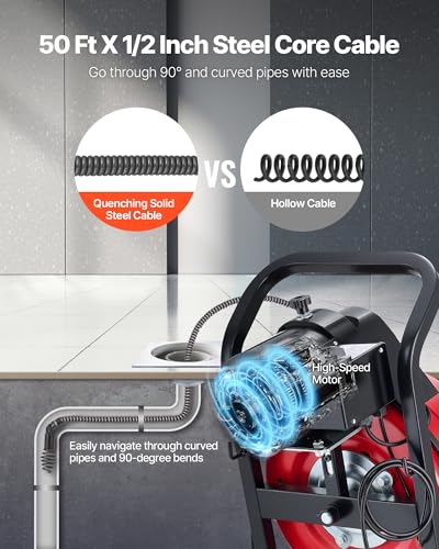 VEVOR Drain Cleaner Machine 50 FT x 1/2 Inch, Manual Feed Sewer Snake Auger on Wheels - with 4 Cutters & Air-activated Foot Switch for 2" to 6" Pipes - style: 50 FT x 1/2'' Manual Feed