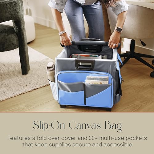 Mobile Folding Utility Cart with Canvas Storage Organizer Bag, Rolling Cart, Blue/Grey - color: Blue/Grey