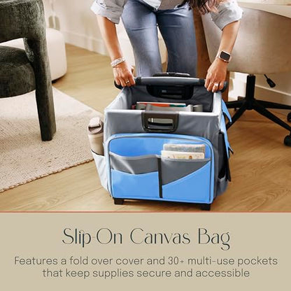 Mobile Folding Utility Cart with Canvas Storage Organizer Bag, Rolling Cart, Blue/Grey - color: Blue/Grey