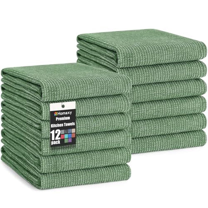 Homaxy Premium Kitchen Towels(18”x 28”, 12 Pack), Large Cotton Kitchen Hand Towels, Flat and Terry Dish Towels, 380 GSM Highly Absorbent Tea Towel Set with Hanging Loop, Grass Green - color: Grass Green, style: 12-pack