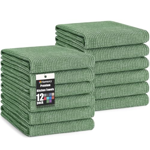 Homaxy Premium Kitchen Towels(18”x 28”, 12 Pack), Large Cotton Kitchen Hand Towels, Flat and Terry Dish Towels, 380 GSM Highly Absorbent Tea Towel Set with Hanging Loop, Grass Green - color: Grass Green, style: 12-pack