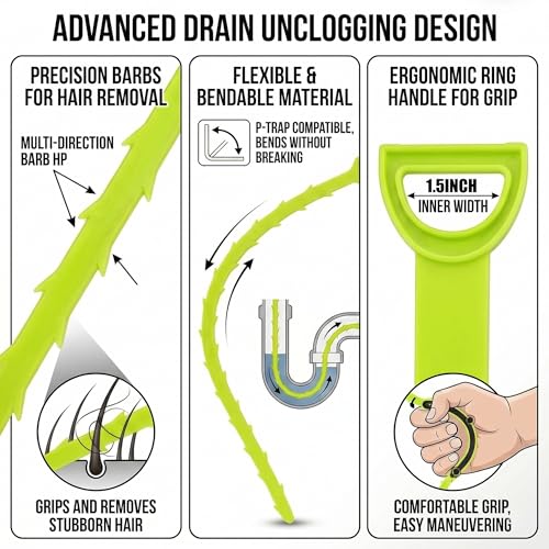 Drain Hair Remover Tool 3 Pcs Set, 20 Inch Flexible Drain Cleaning Snake, Plastic Drain Clog Remover for Sink, Shower, Bathtub and Bathroom Drain, Reusable Hair Removal Tool, Green - color: Green