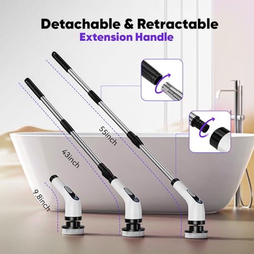 Electric Spin Scrubber Cordless – Powerful Bathroom Cleaning Brush with Long Handle, 2 Speeds, 3000mAh Rechargeable, 7 Brush Heads, Wall Hanger & Crevice Tools – Shower, Tub & Tile Cleaner