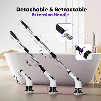 Electric Spin Scrubber Cordless – Powerful Bathroom Cleaning Brush with Long Handle, 2 Speeds, 3000mAh Rechargeable, 7 Brush Heads, Wall Hanger & Crevice Tools – Shower, Tub & Tile Cleaner