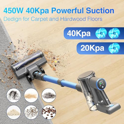 Zefiro Vacuum Cleaners for Home | 450W /40Kpa 50Mins Cordless Stick Vacuum Cleaner, Rechargeable Wireless Anti-Tangle Vacuum for Pet Hairs/Hardwood Floor