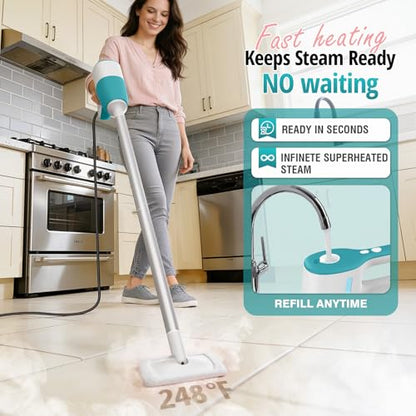 Steam Mop, Handheld Steam Cleaner with Rotating Scrub Brush & Detachable Steam Mops for Floor Cleaning, Refill Anytime, 10-in-1 Multi-purpose Steam Cleaner for Home, Tile, Grout, Furniture