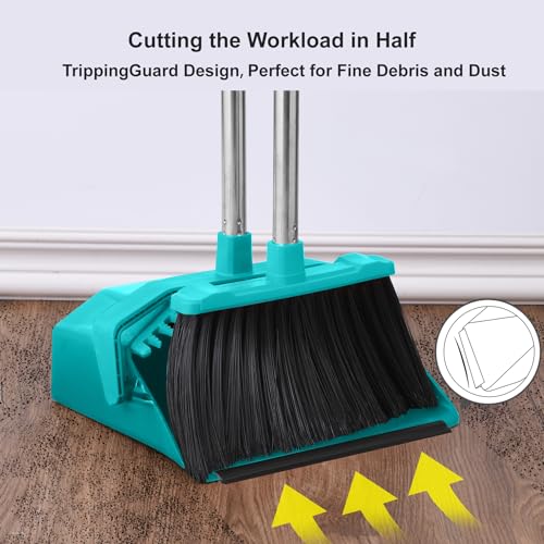 Tiumso Upgrade Broom with Dustpan Combo Set, Broom and Dustpan Set with 51'' Long Handle, Large Upright Brooms and Dust Pans, ZeroGap Lip, Self-Cleaning Dustpan Teeth for Lobby and Restaurant - Blue - color: Blue