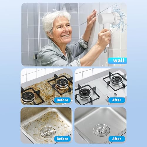 Electric Spin Scrubber, Cordless Handheld Brush, 2 Speeds | 4 Attachments, 1500mAh Battery, IPX7 Waterproof, 120-Min Runtime for Kitchen, Bathroom, Stovetop, Glass, Car