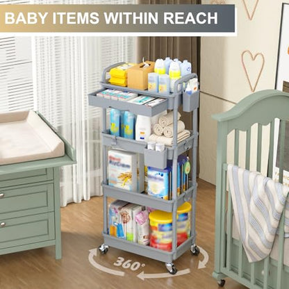 Goovilla 4 Tier Rolling Utility Cart Organizer with Removable Drawer, Stable and Sturdy Grey Rolling Storage Carts with 2 Lockable Wheels for Bathroom, Kitchen, Snack, Craft, Makeup, Baby Essentials - size: 4 Tier, style: Gray